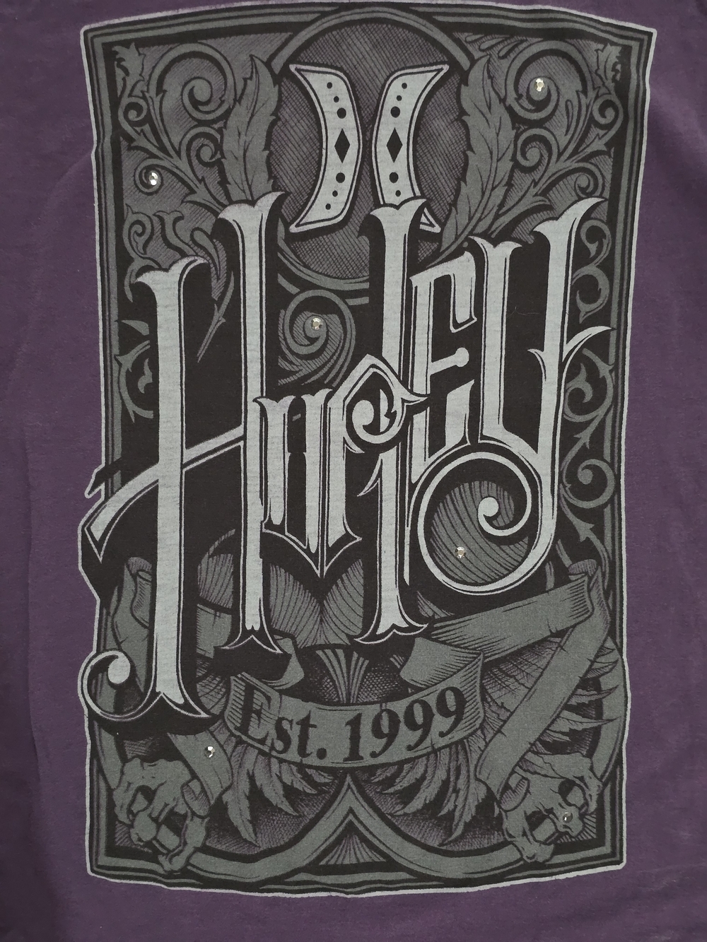 Hurley Purple Short Sleeve Tee with Ornate Gray Graphic - Picture 2 of 4
